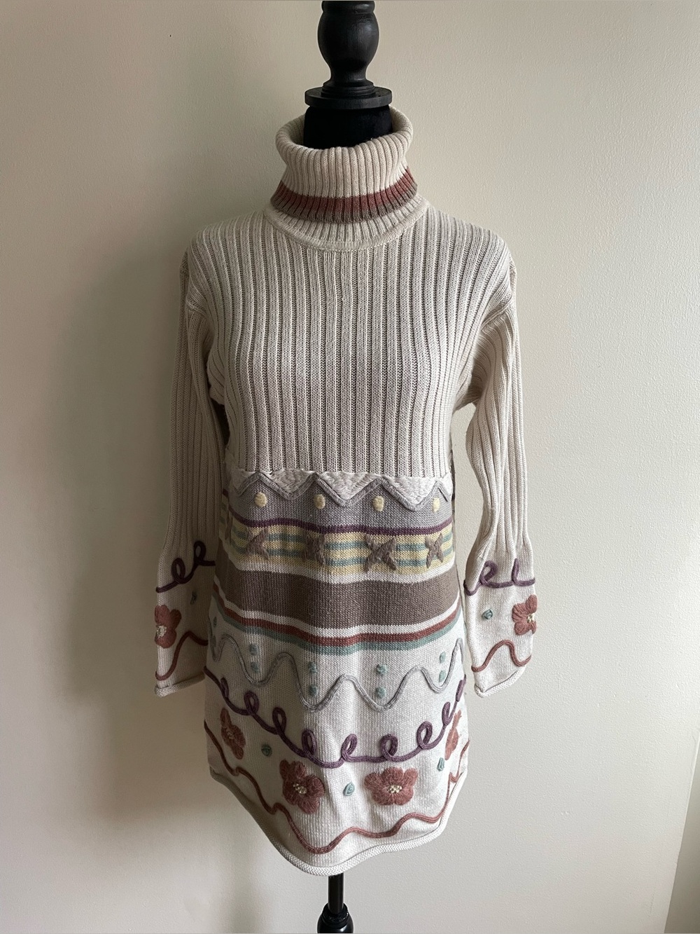 Vintage Puli Designs Wool Blend Floral Turtleneck Sweater Boho Cottagecore